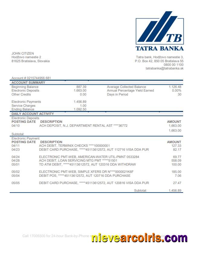 Slovakia Tatra Bank proof of address statement in Word and PDF format